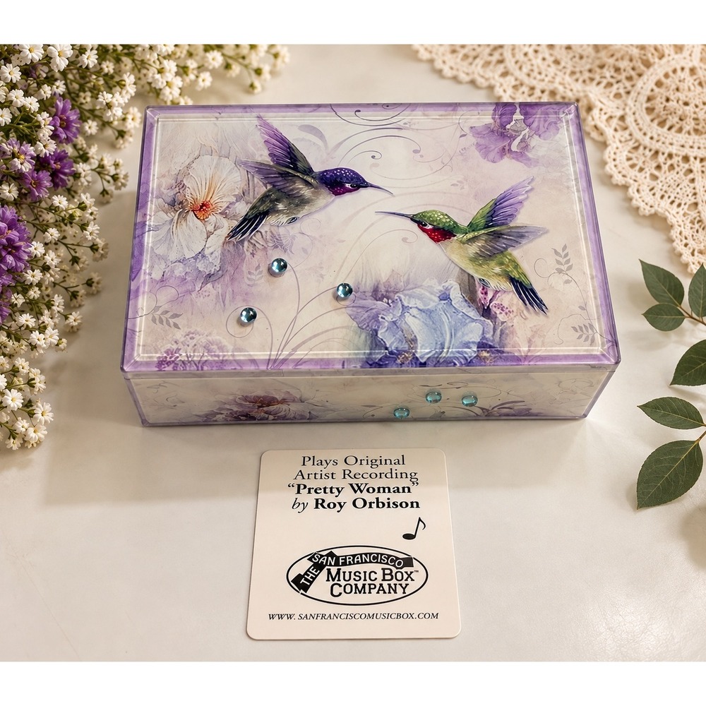Music Box Co Hummingbird Pretty Woman Roy Orbison Glass Velvet Jewelry Box